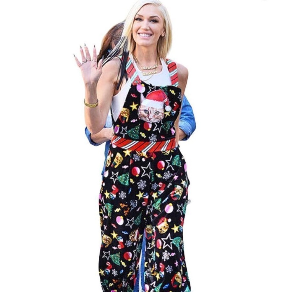 Christmas XXL Overalls! Velour with stuffed cat on bib. As seen on Gwen Stefani!